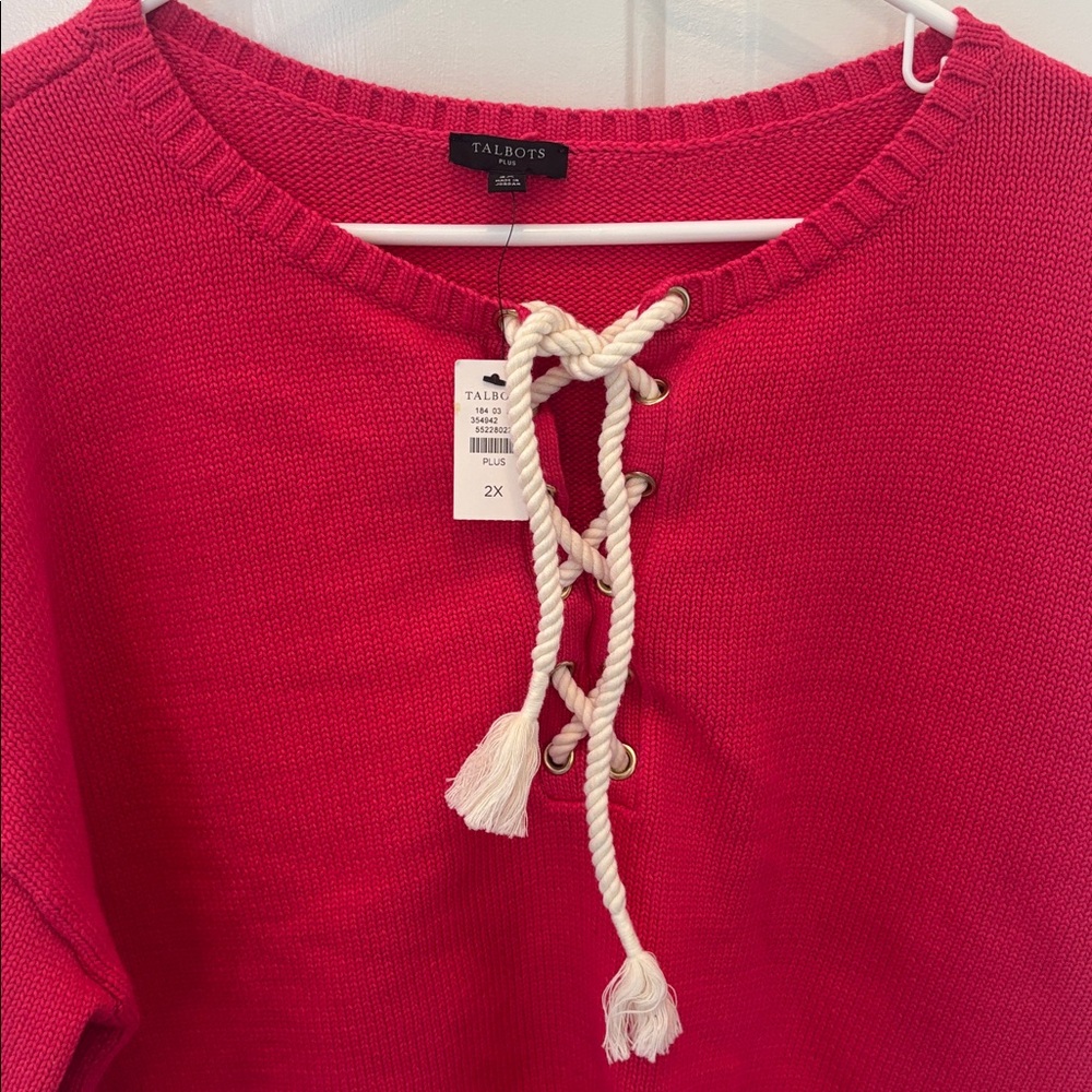 Talbots Vibrant Deep Coral  Lace-Up Sweater 2X NWT - Picture 3 of 4